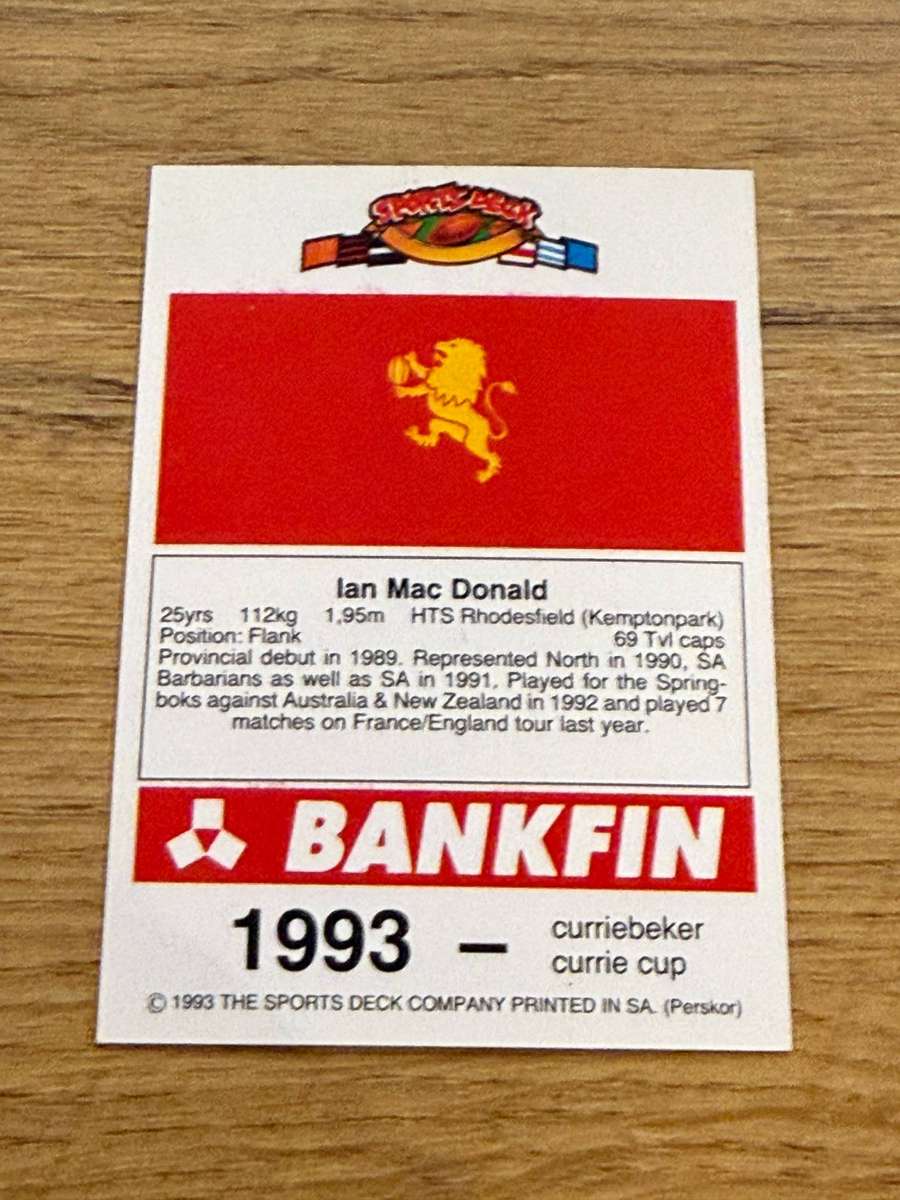Rugby Card - Ian Macdonald 1993 Sports Deck Rugby Card