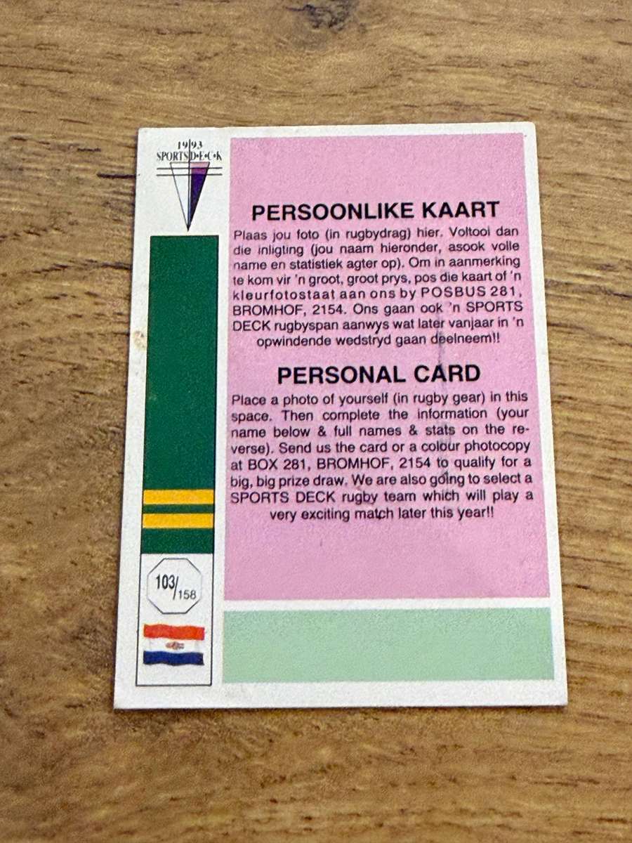 Rugby Card - Personal Card 1993 Sports Deck Rugby Card