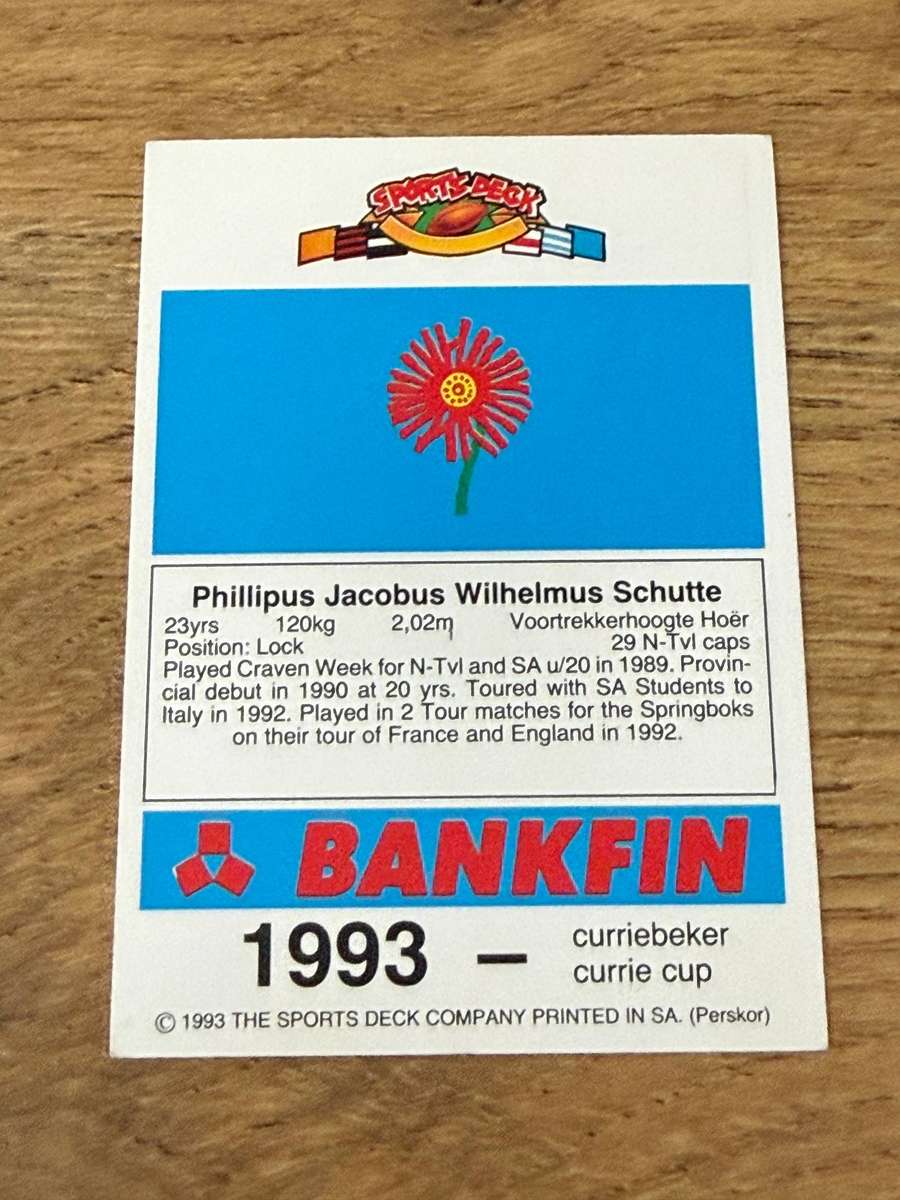 Rugby Card - Phillip Schutte 1993 Sports Deck Rugby Card