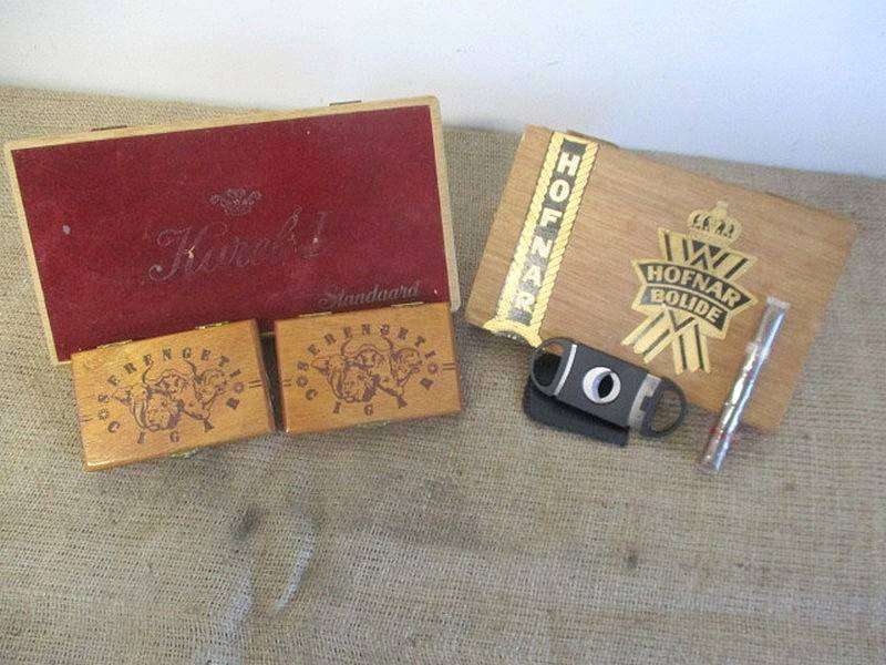 Vintage Hofnar Bolide, Karel 1 Standaard, 2 Serengeti Empty Cigar Boxes And 1x Upmann Cigar & Cutter