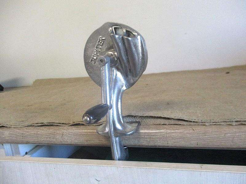 The Genuine McCoy.....This Sturdy Rare Vintage Jupiter Twin Feeder Cast Iron Table Mount Bean Slicer