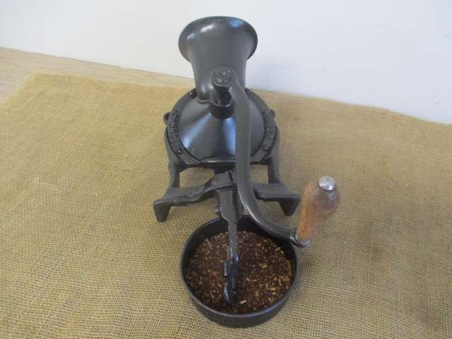 Neat And Complete Vintage Cast Iron No 4 Spong Coffee Grinder With Original Container        London