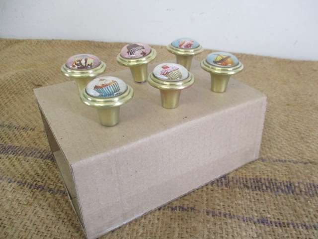 Six Cute Vintage Brass/Glass Drawer Knobs