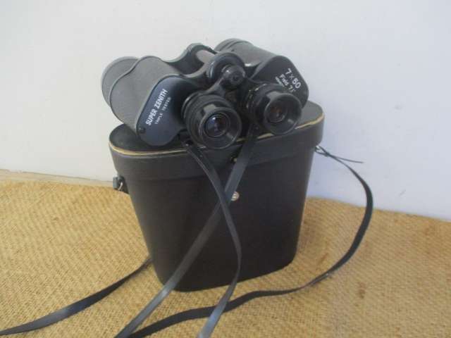 Beautiful Vintage Super Zenith 7 X 50 Field 7.1' Binocular With Lens Covers In Shoulder Case