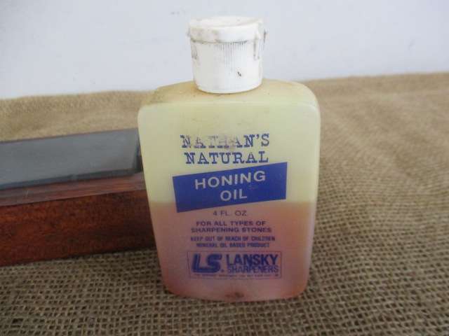 Double Sided Sharpening Stone In Beautiful Wooden Holder With Half Bottle Full Honing Oil