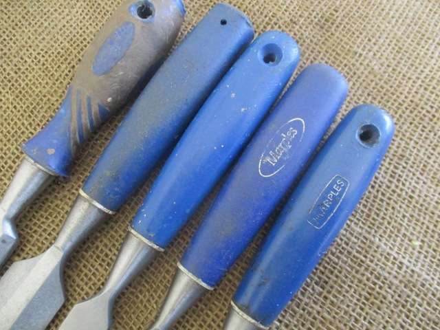 Set Of Five Nice Vintage Carpenter Woodworking Chisels Of Which Four Are Marples And One Raco