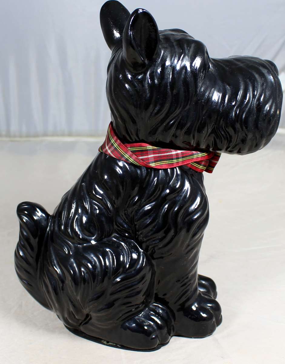 Porcelain black Scotty with bow on neck  - Sitting down