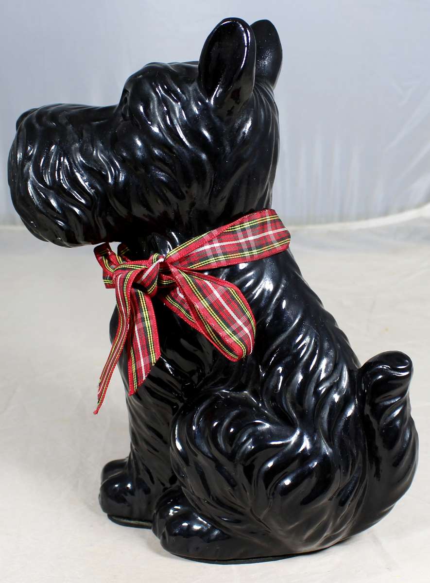 Porcelain black Scotty with bow on neck  - Sitting down