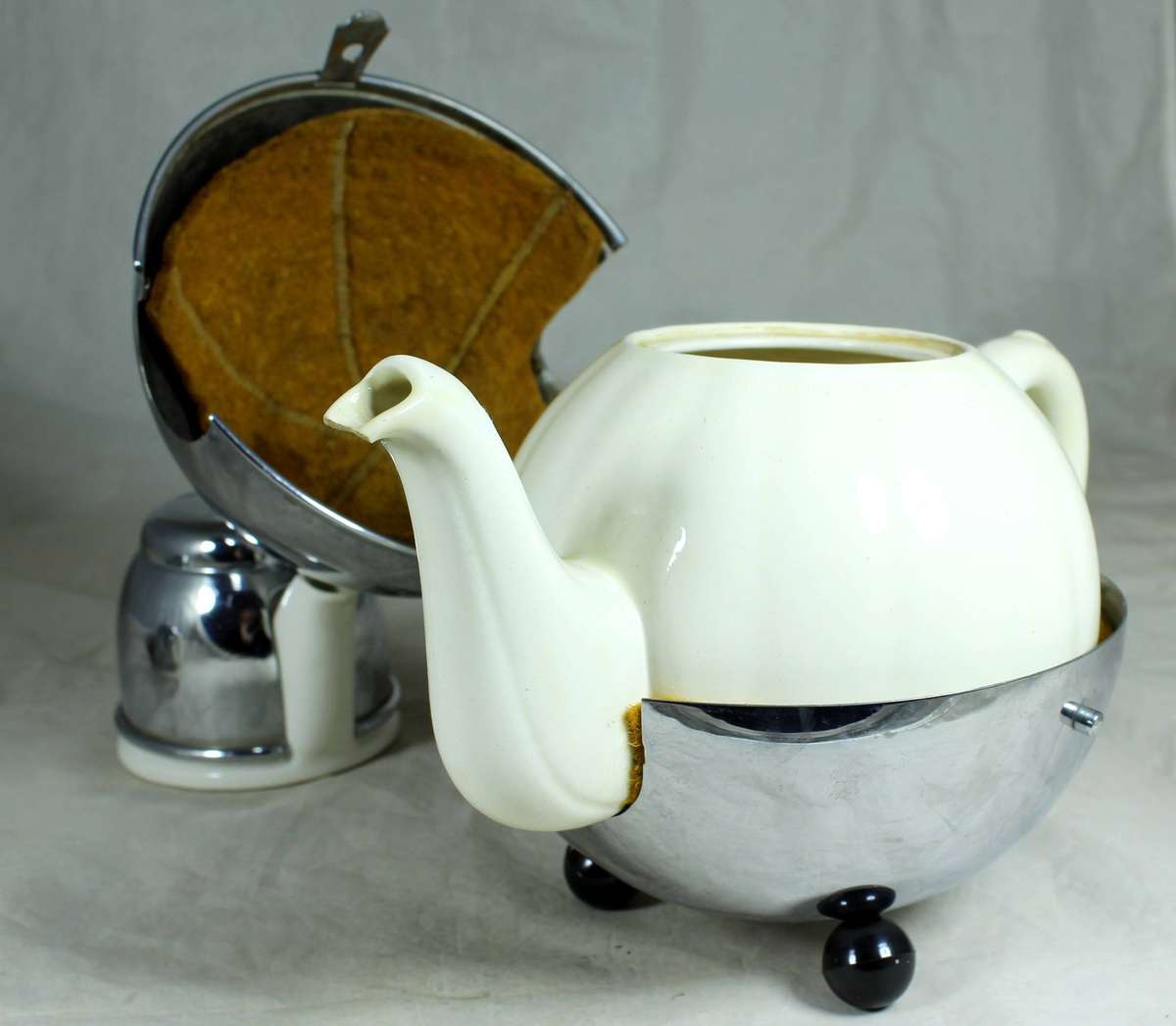 Chrome plated vintage ceramic tea set