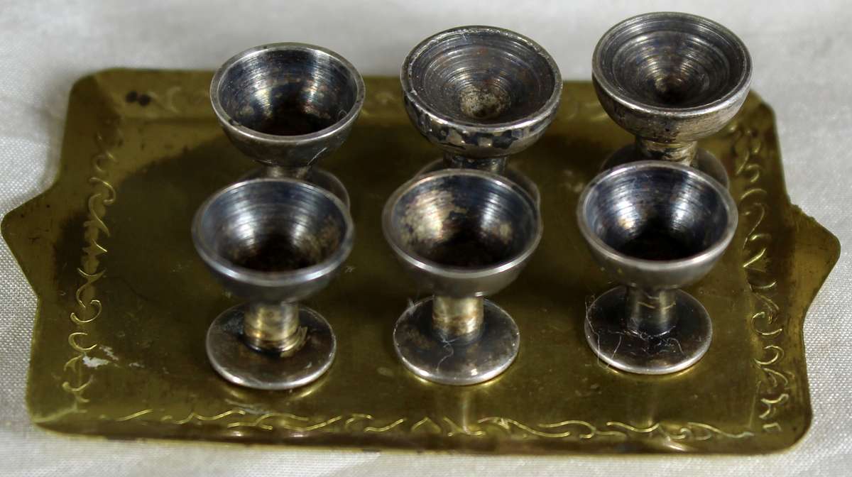 Miniature brass tray with glasses