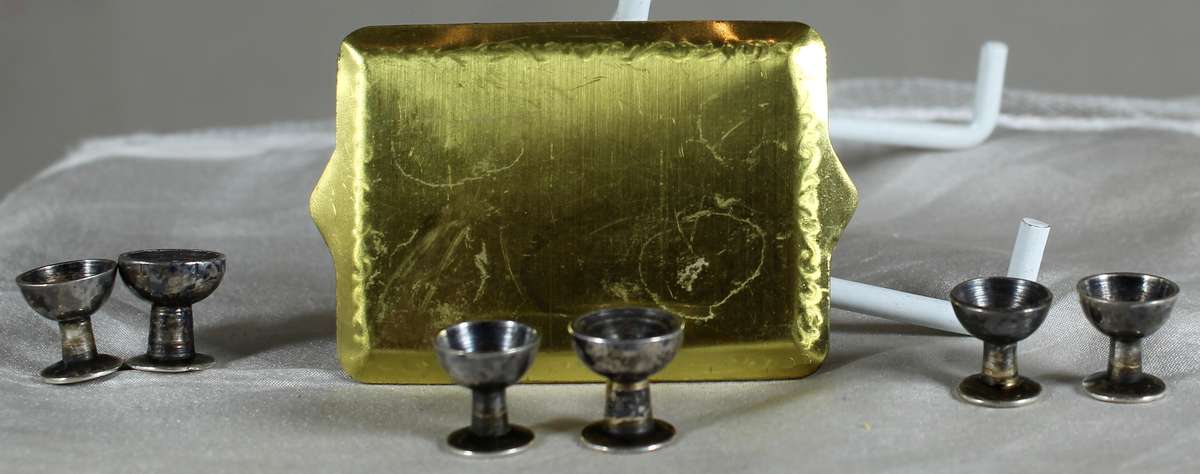 Miniature brass tray with glasses
