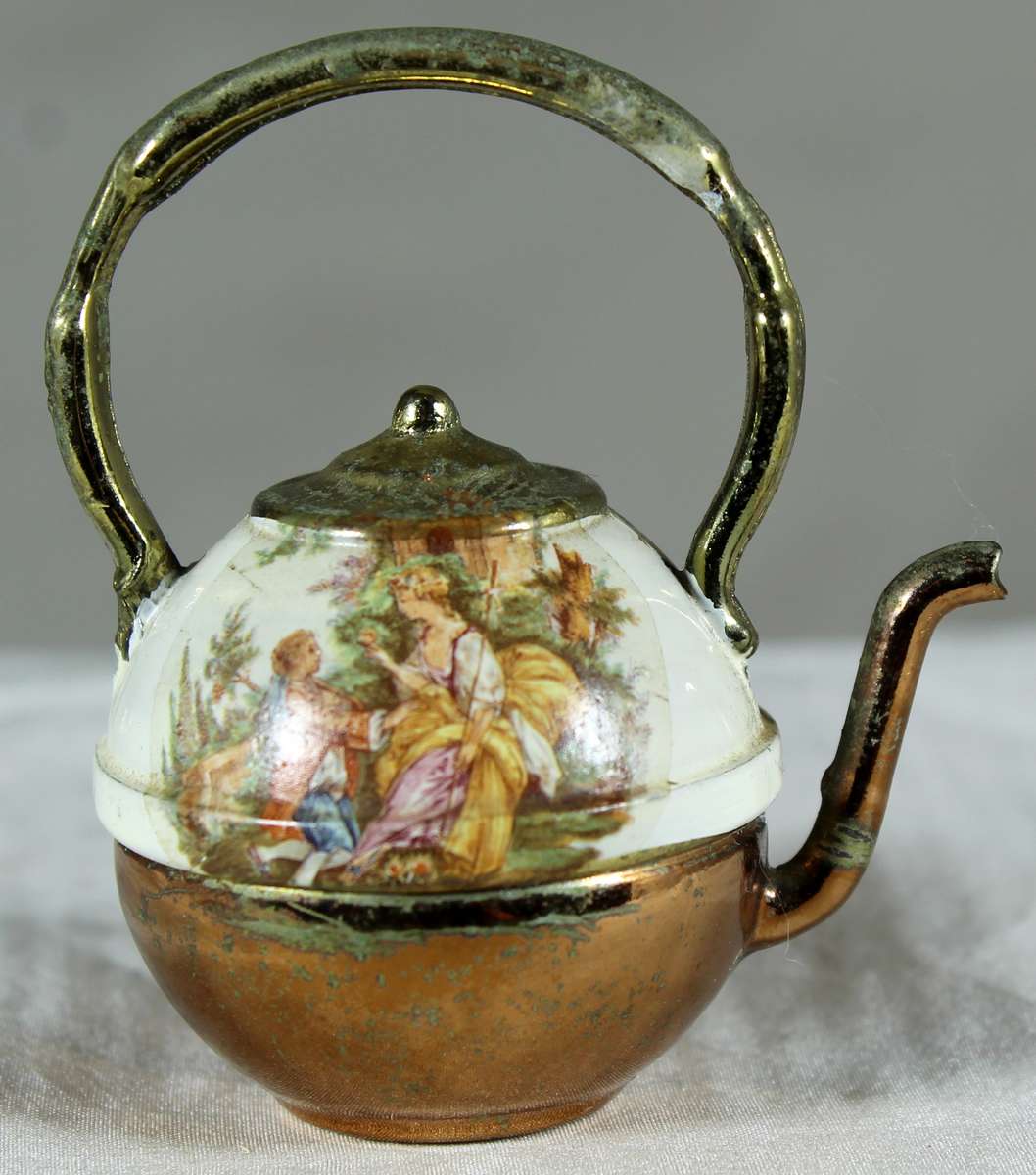 Miniature brass and porcelain kettle