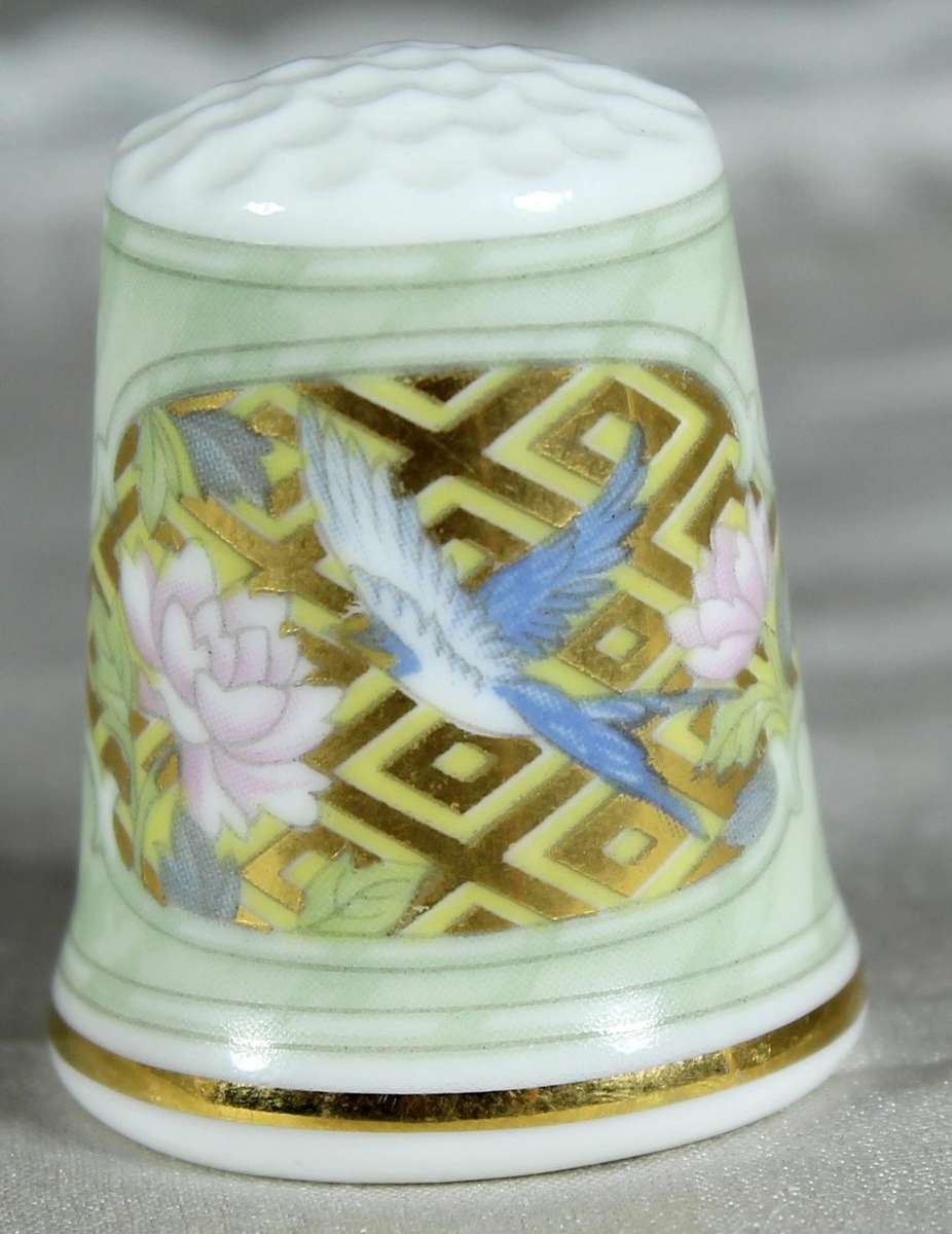 Bone China thimble - pink flower & bird with gold inlay - REX