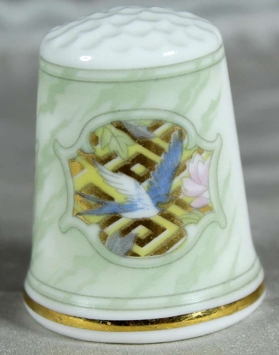 Bone China thimble - pink flower & bird with gold inlay - REX