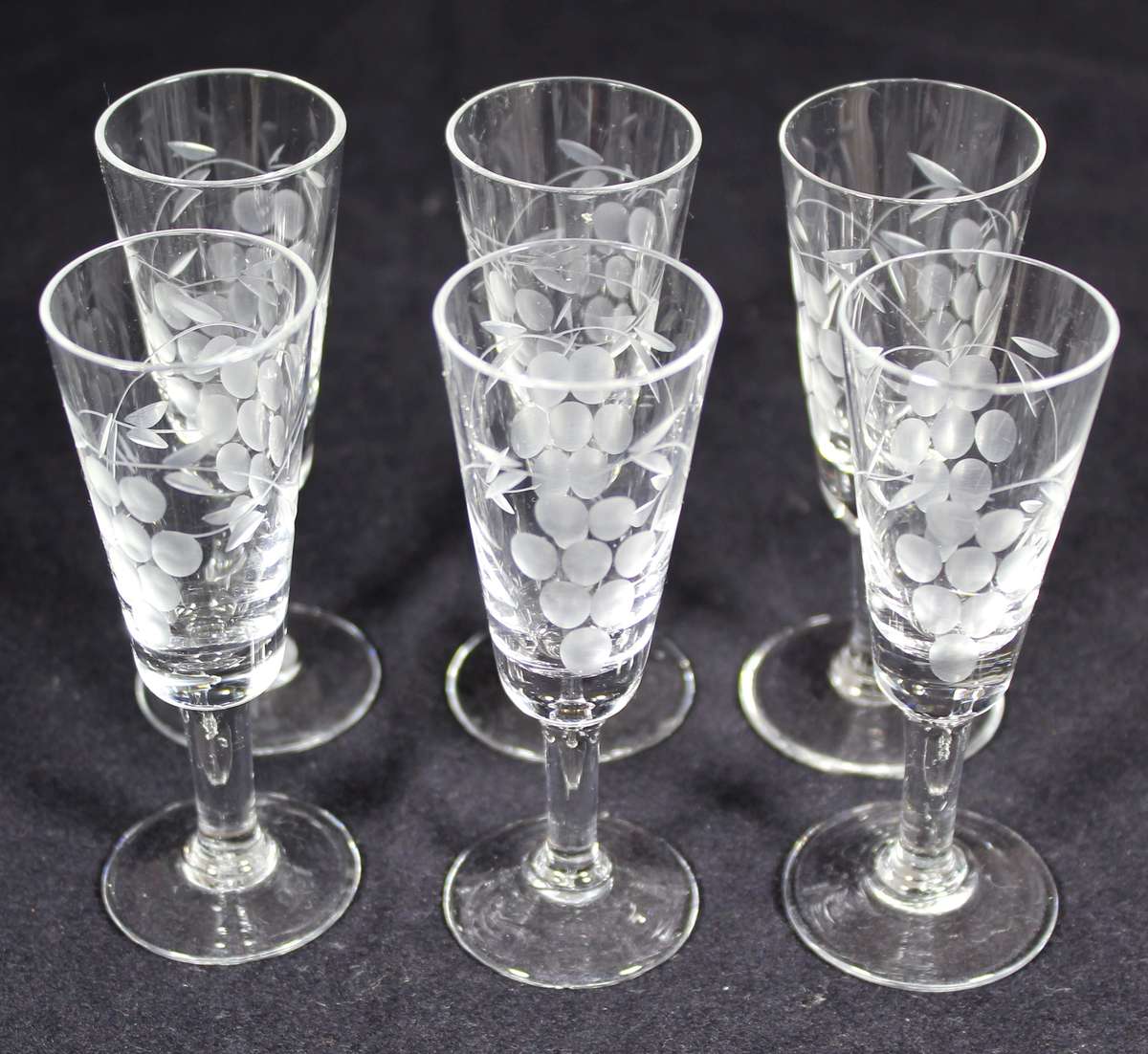 Set of six liqueur glasses with etched grapes motif