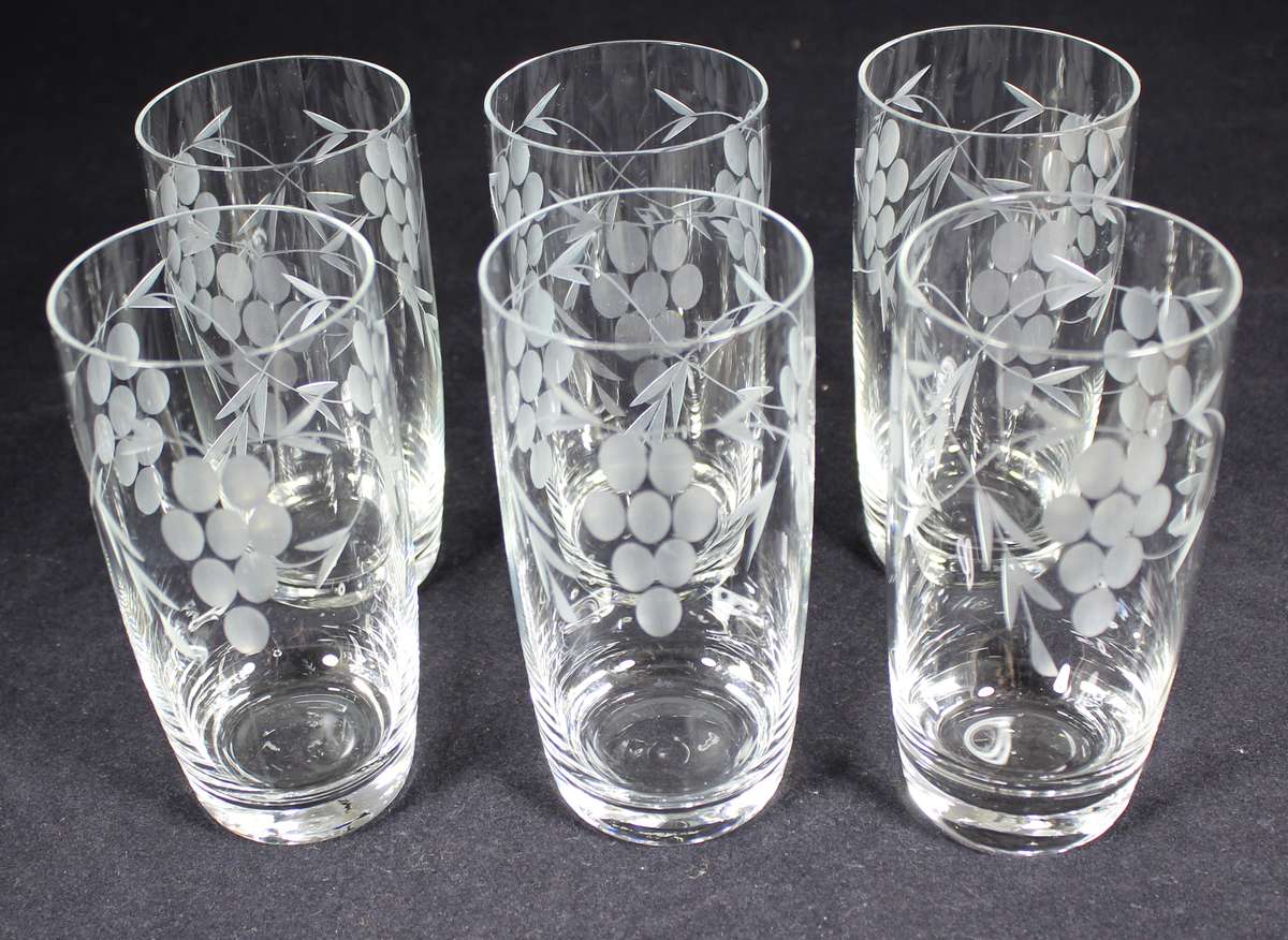 Set of six drinking glasses with etched grapes motif