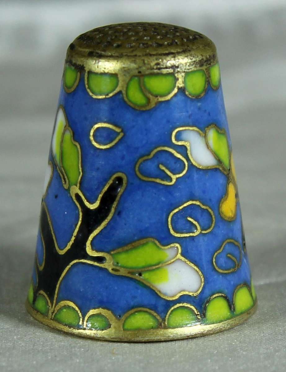 Cloissone thimble - white & blue flowers on a branch