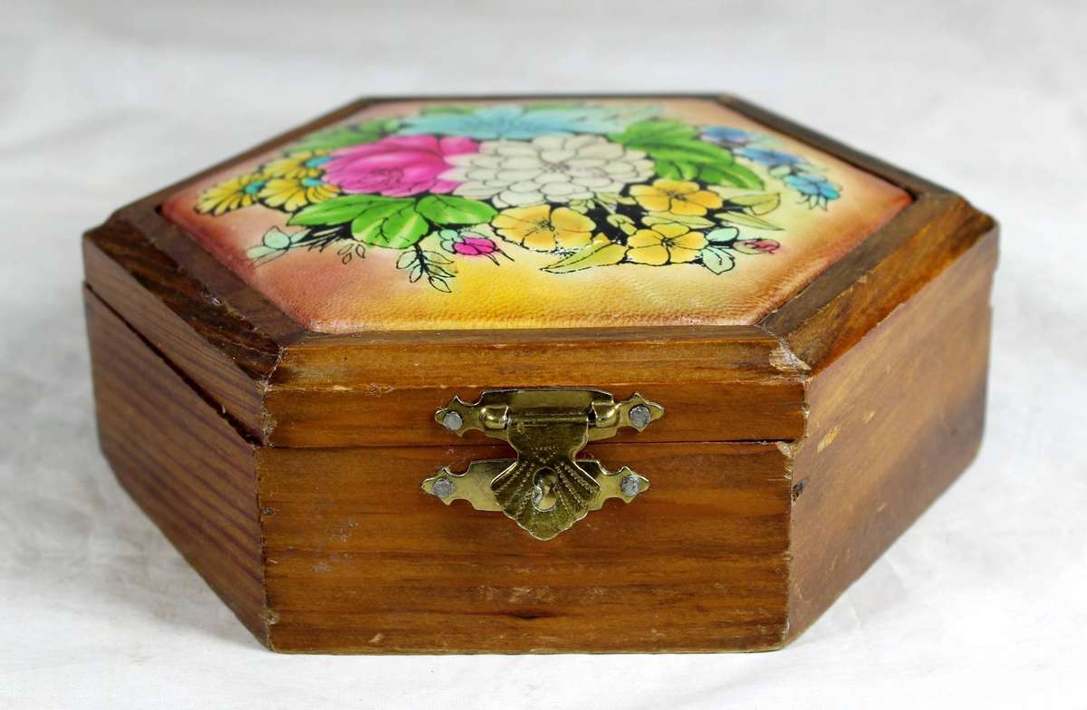 Wooden trinket box with painted leather insert