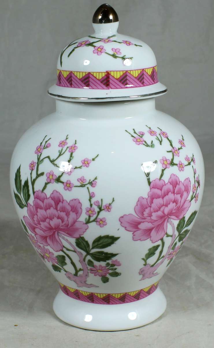 Lidded Urn with pink flowers