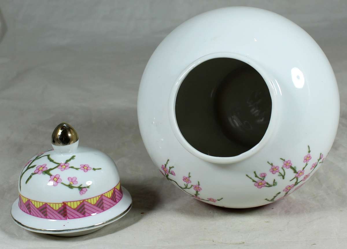 Lidded Urn with pink flowers