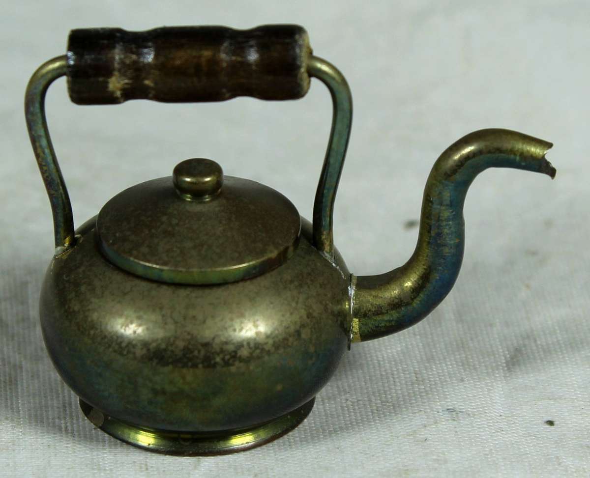Miniature brass kettle with wooden handle