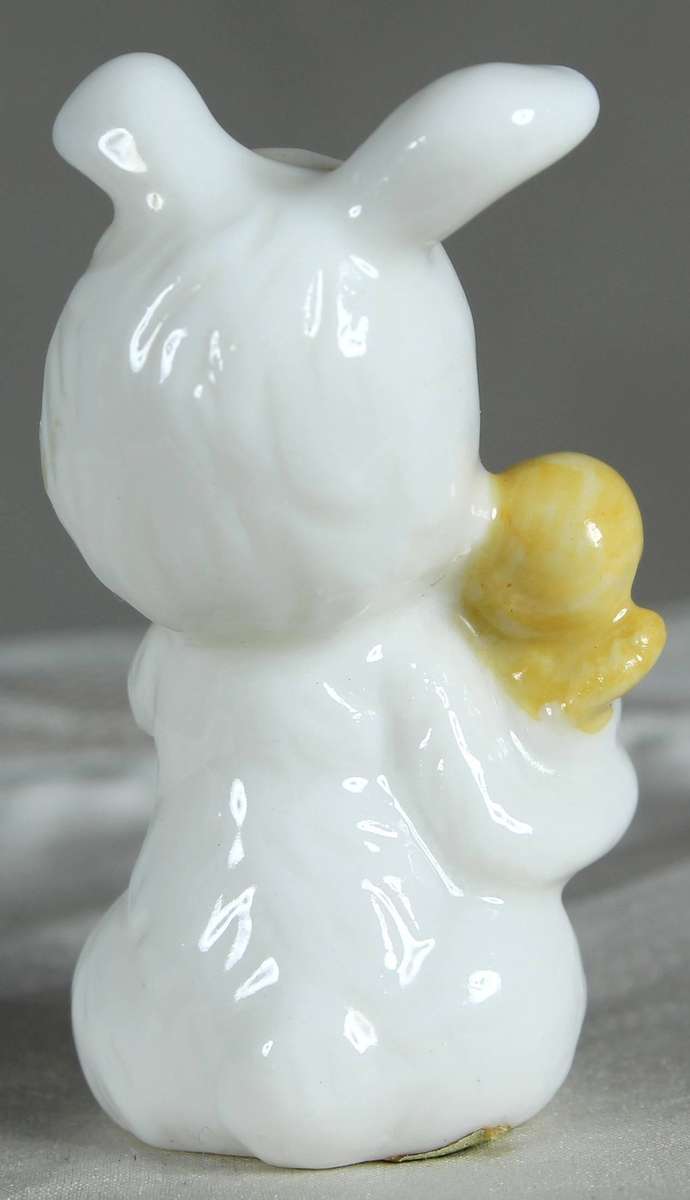White bunny holding a chick