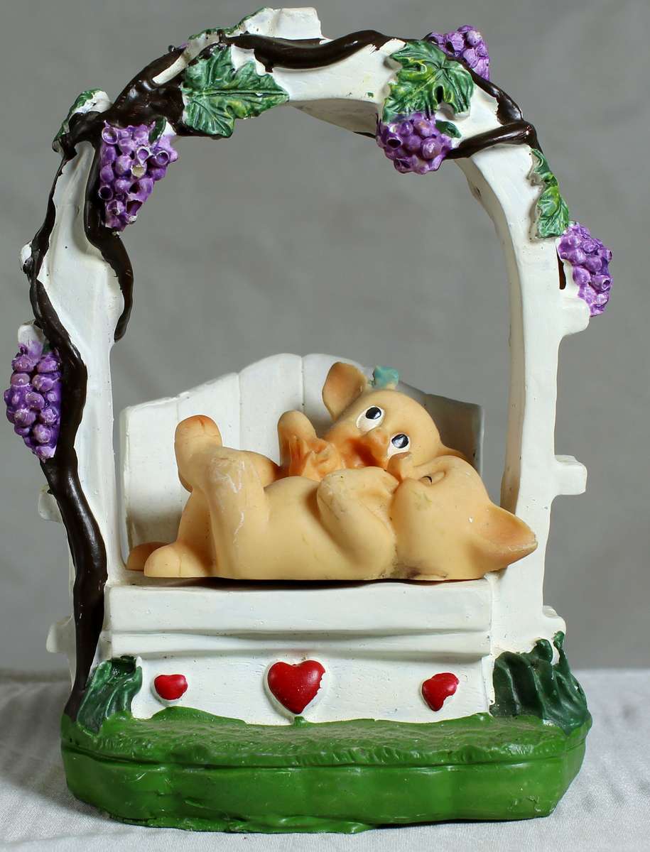 Piggies on bench under grapevine B