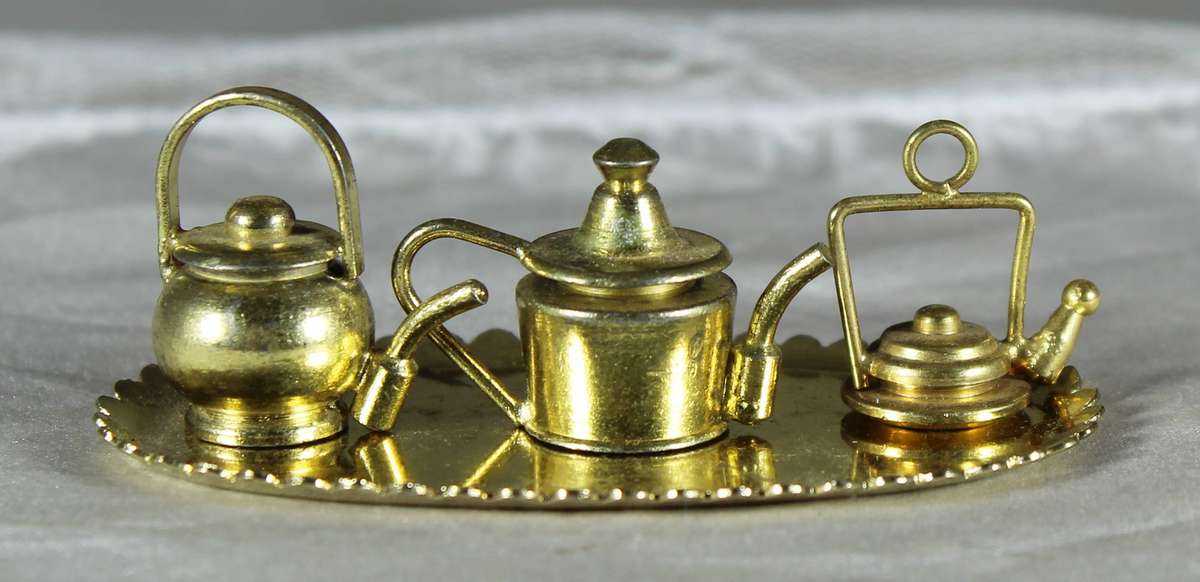 Miniature brass tray with coffee and tea pots