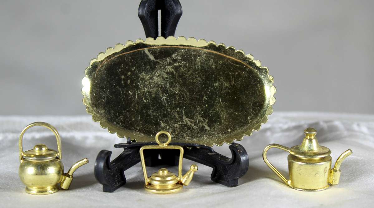 Miniature brass tray with coffee and tea pots
