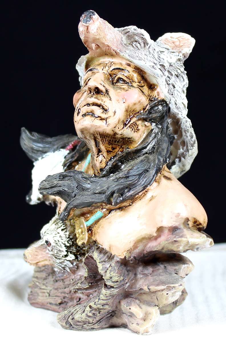Native American figurine warrior with wolf headgear