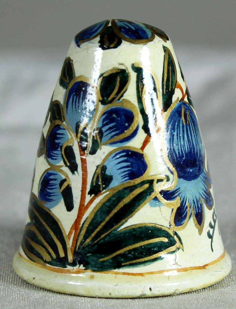 Hand painted Indian paper mache thimble - flowers on a branch