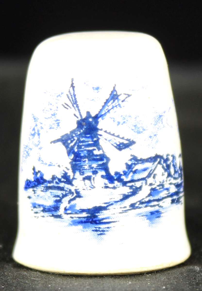 Porcelain Blue & White Thimble - Dutch Windmill