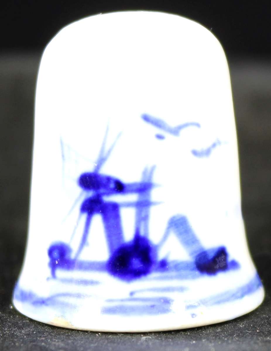 Porcelain Blue & White Thimble - Windmill & Birds