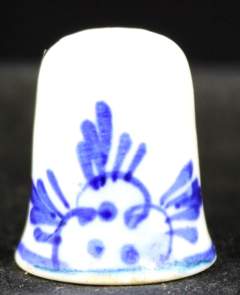 Porcelain Blue & White Thimble - Windmill & Birds