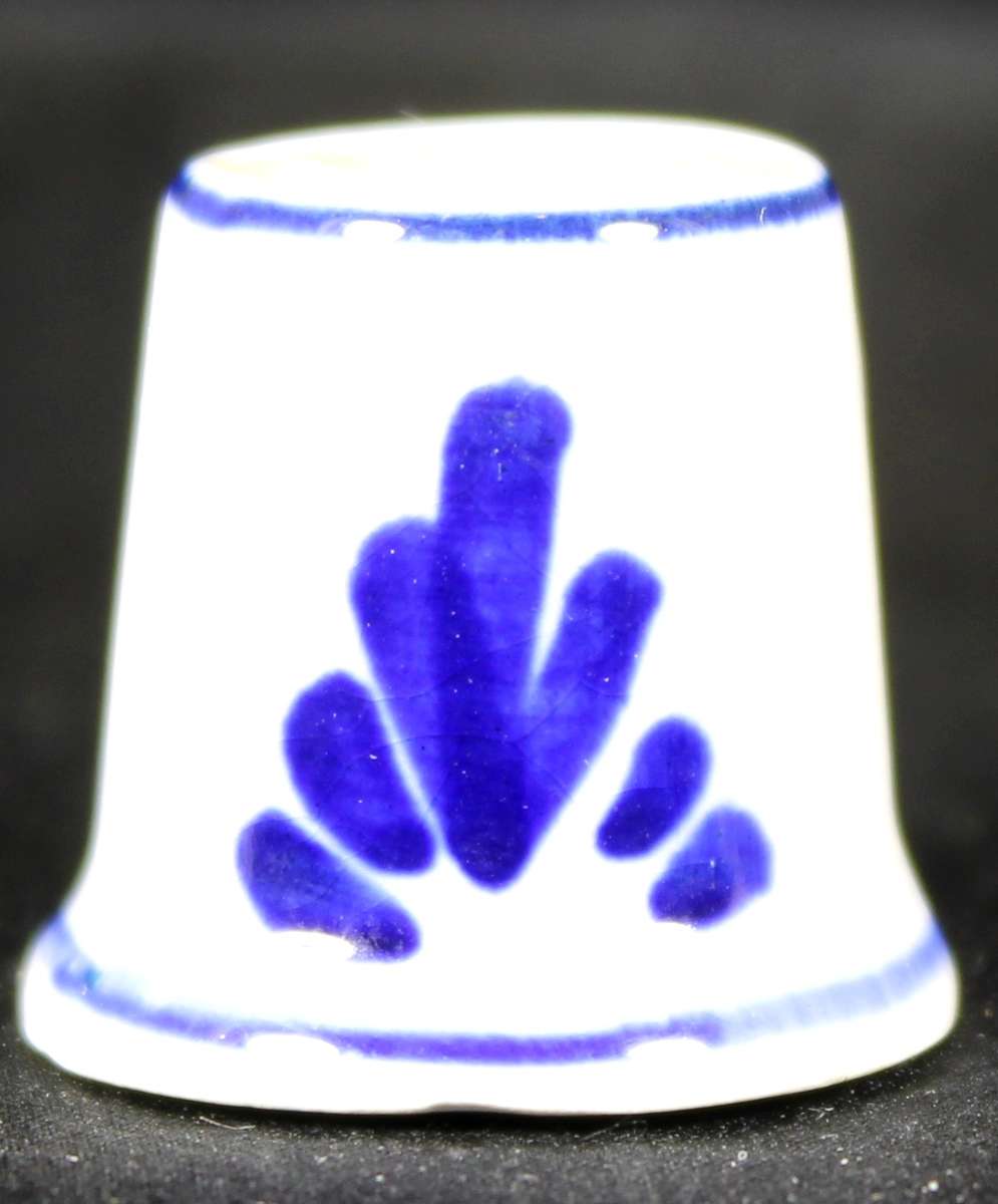 Porcelain Blue & White Thimble - Windmill with a Farm House