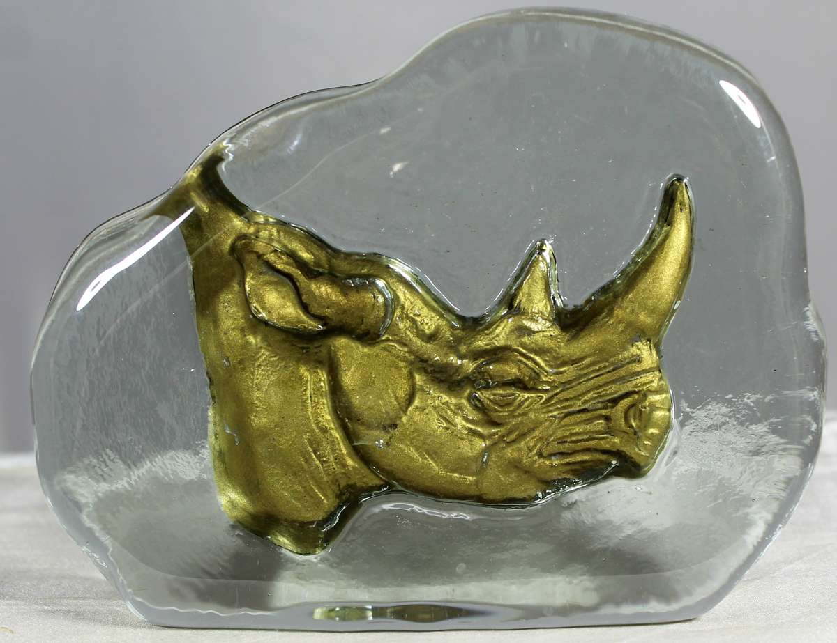 Vintage glass paperweight with rhino head