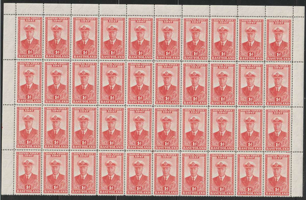 Basutuland 1947 Royal Visit 1d. scarlet. Part of counter sheet 4x 10 stamps **