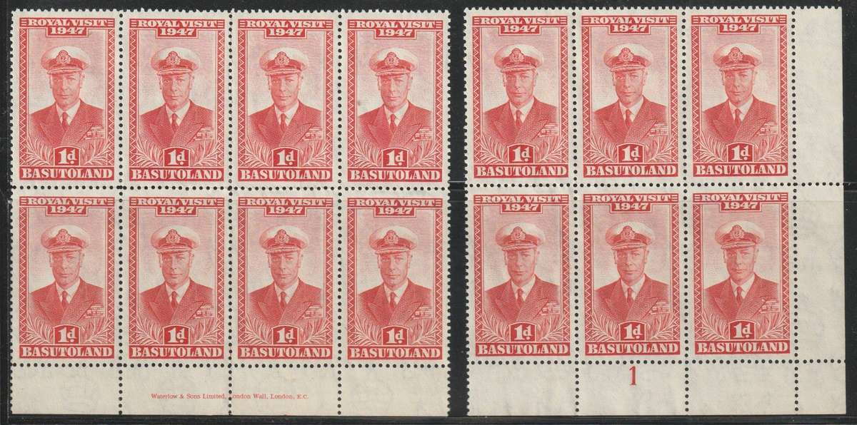 Basutuland 1947 Royal Visit 1d. scarlet. Inscripted margin and plate number on blocks of 8 and 6 **