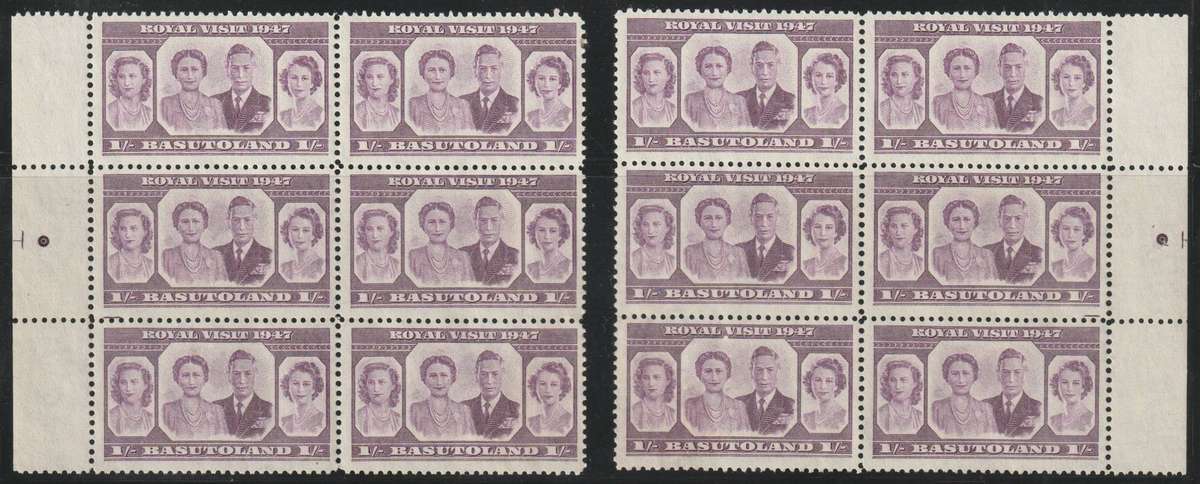 Basutuland 1947 Royal Visit 1s. mauve. Marginal blocks with printing gauge spots. **