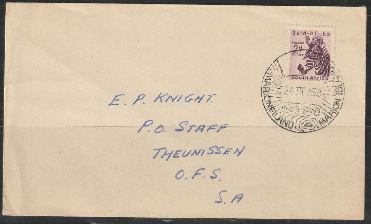 South Africa 1958 cover with special cancellation depicting Marion Island on 2d Mountain Zebra
