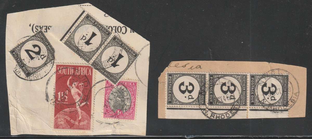 Northern Rodesia Postage Dues 1929-1952 1d (pair), 2d, and 3d (multiple) used on piece.