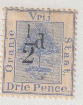 Orange Free State 1896 ½d ovp on 3d ultramarine. Type e Cat# SACC: 42, * hinged