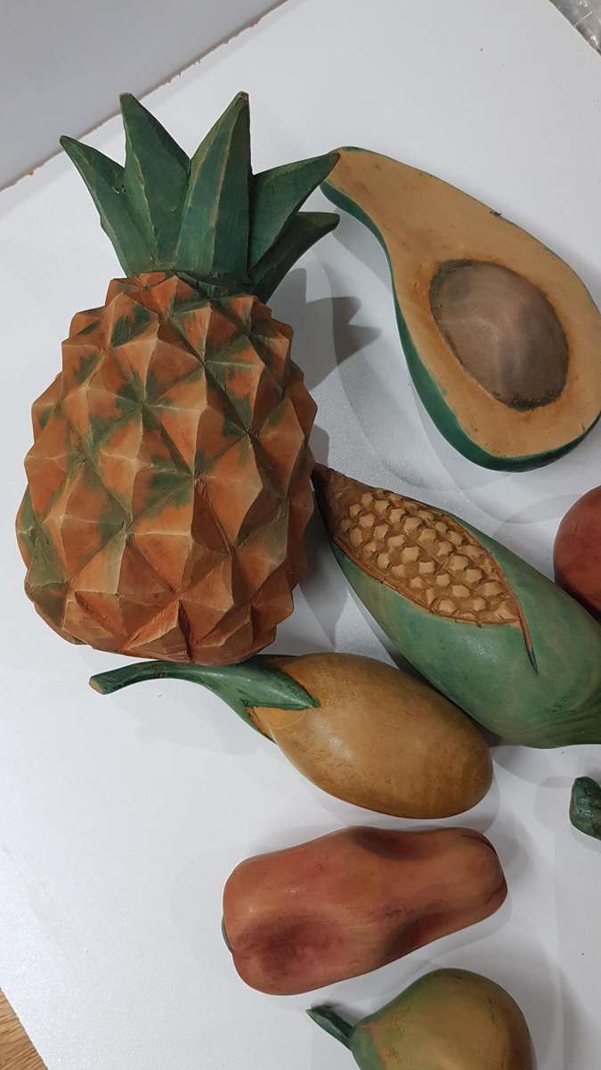 Collection of Vintage 9 (Nine) Ornamental wooden fruit and vegetables as décor pieces.