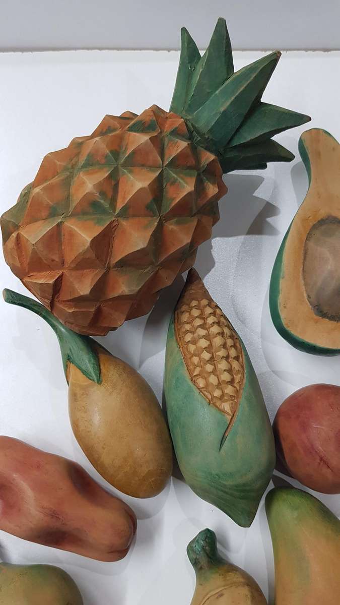 Collection of Vintage 9 (Nine) Ornamental wooden fruit and vegetables as décor pieces.