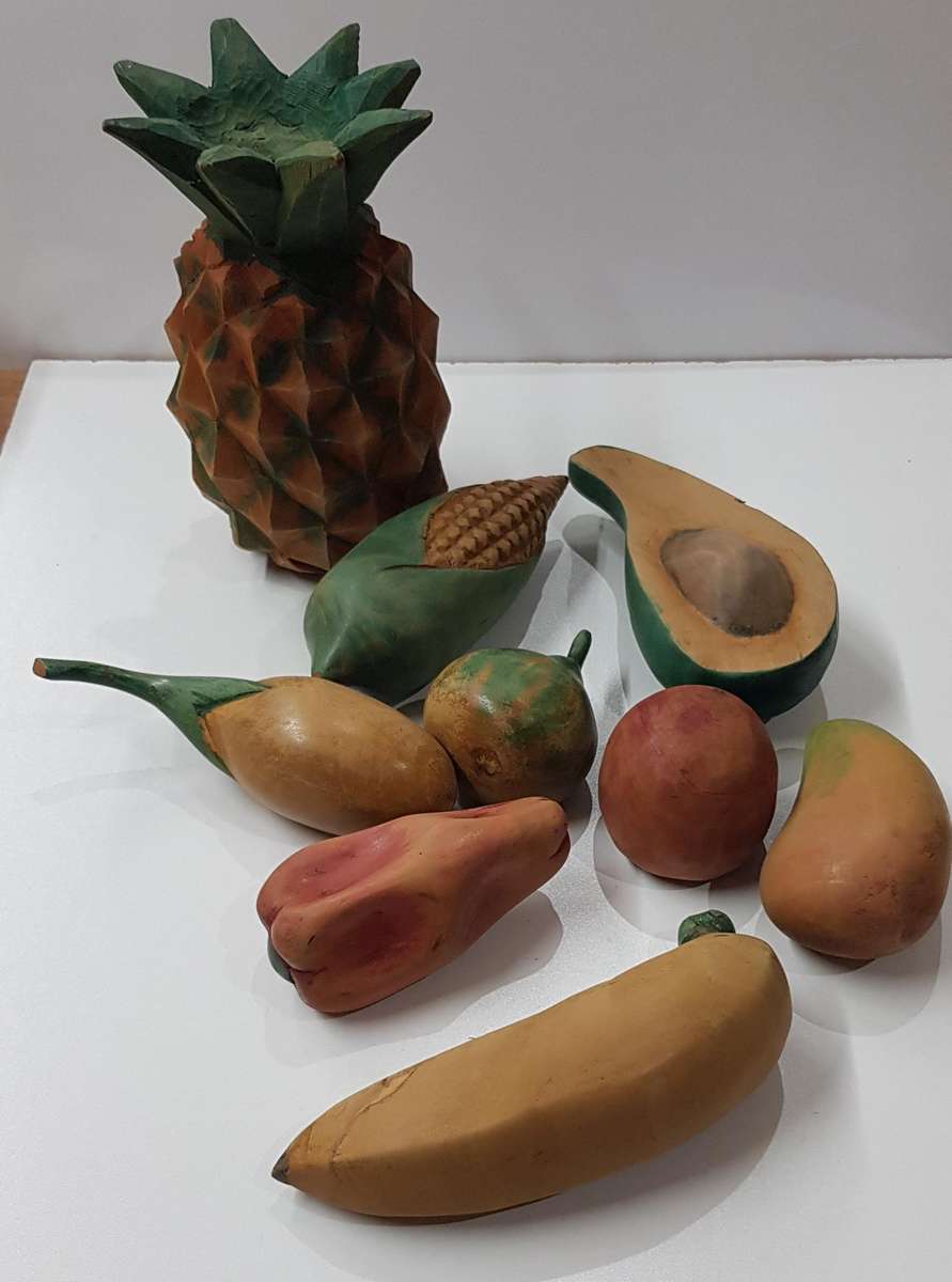 Collection of Vintage 9 (Nine) Ornamental wooden fruit and vegetables as décor pieces.