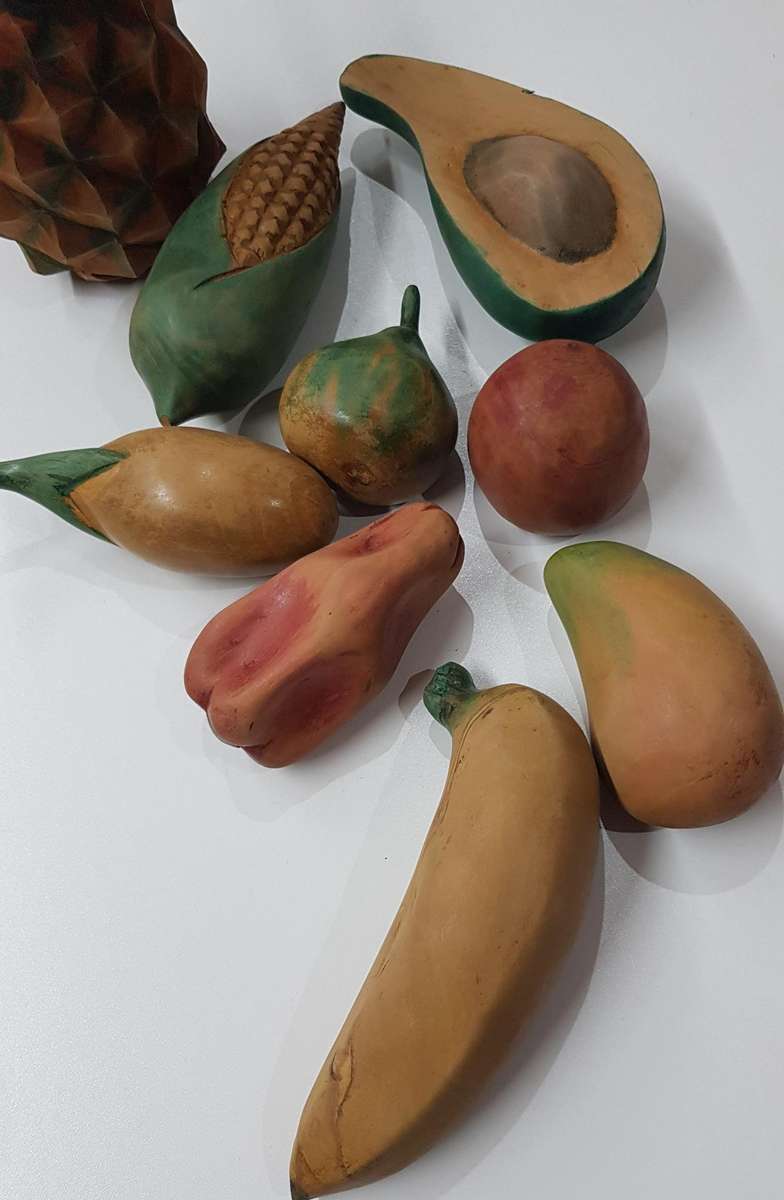 Collection of Vintage 9 (Nine) Ornamental wooden fruit and vegetables as décor pieces.