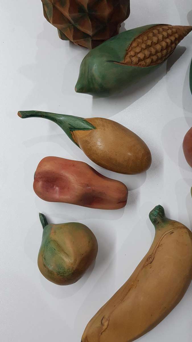 Collection of Vintage 9 (Nine) Ornamental wooden fruit and vegetables as décor pieces.