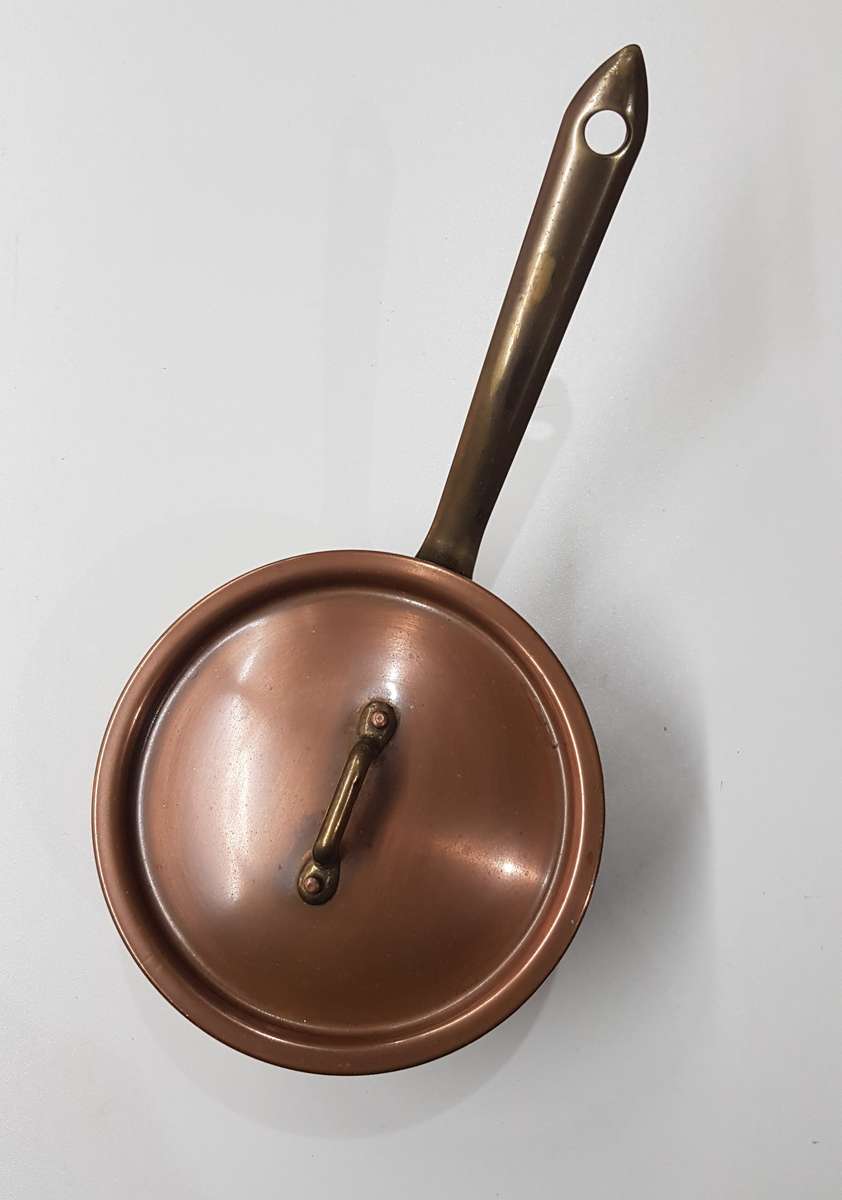Vintage Copper Cookware. Small Metal Copper and Brass Saucepan with long handle and lid.