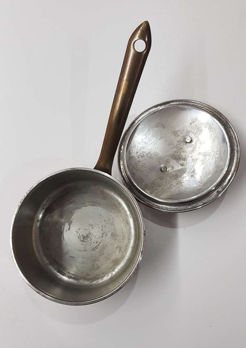 Vintage Copper Cookware. Small Metal Copper and Brass Saucepan with long handle and lid.