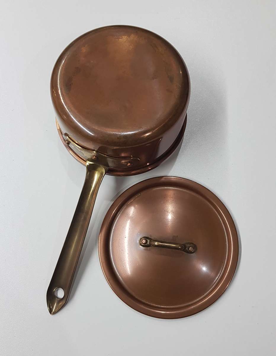 Vintage Copper Cookware. Small Metal Copper and Brass Saucepan with long handle and lid.